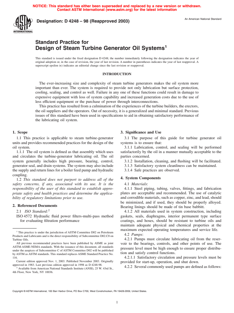 ASTM D4248-98(2003) - Standard Practice for Design of Steam Turbine Generator Oil Systems (Withdrawn 2008)