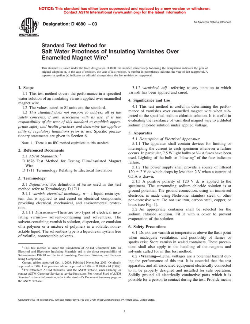 ASTM D4880-03 - Standard Test Method for Salt Water Proofness of Insulating Varnishes Over Enamelled Magnet Wire