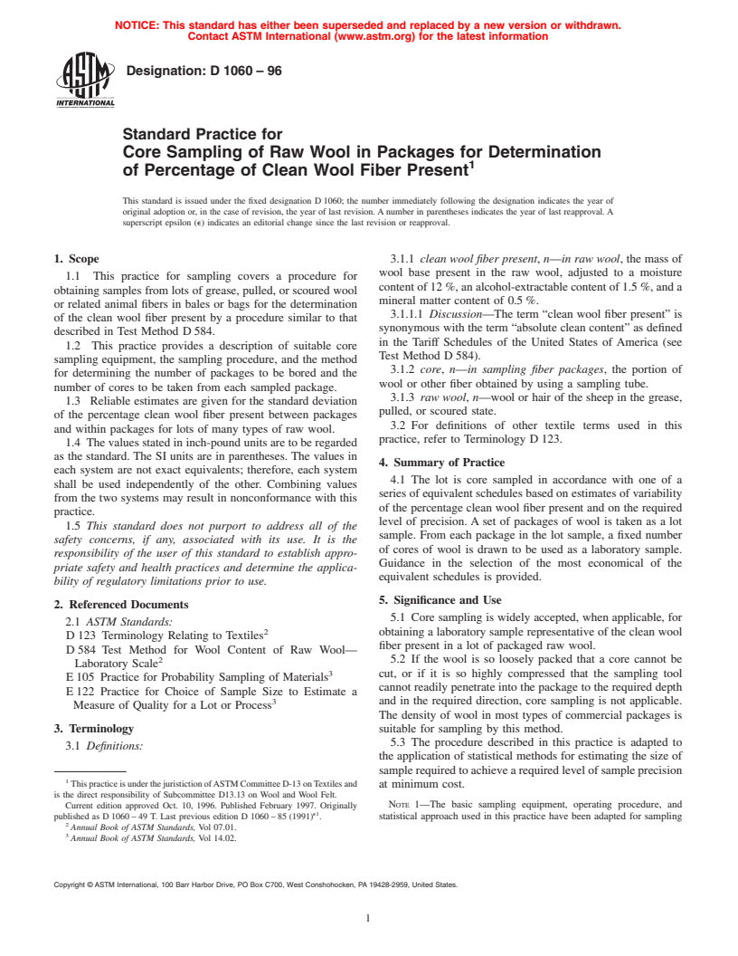 ASTM D1060-96 - Standard Practice for Core Sampling of Raw Wool in Packages for Determination of Percentage of Clean Wool Fiber Present