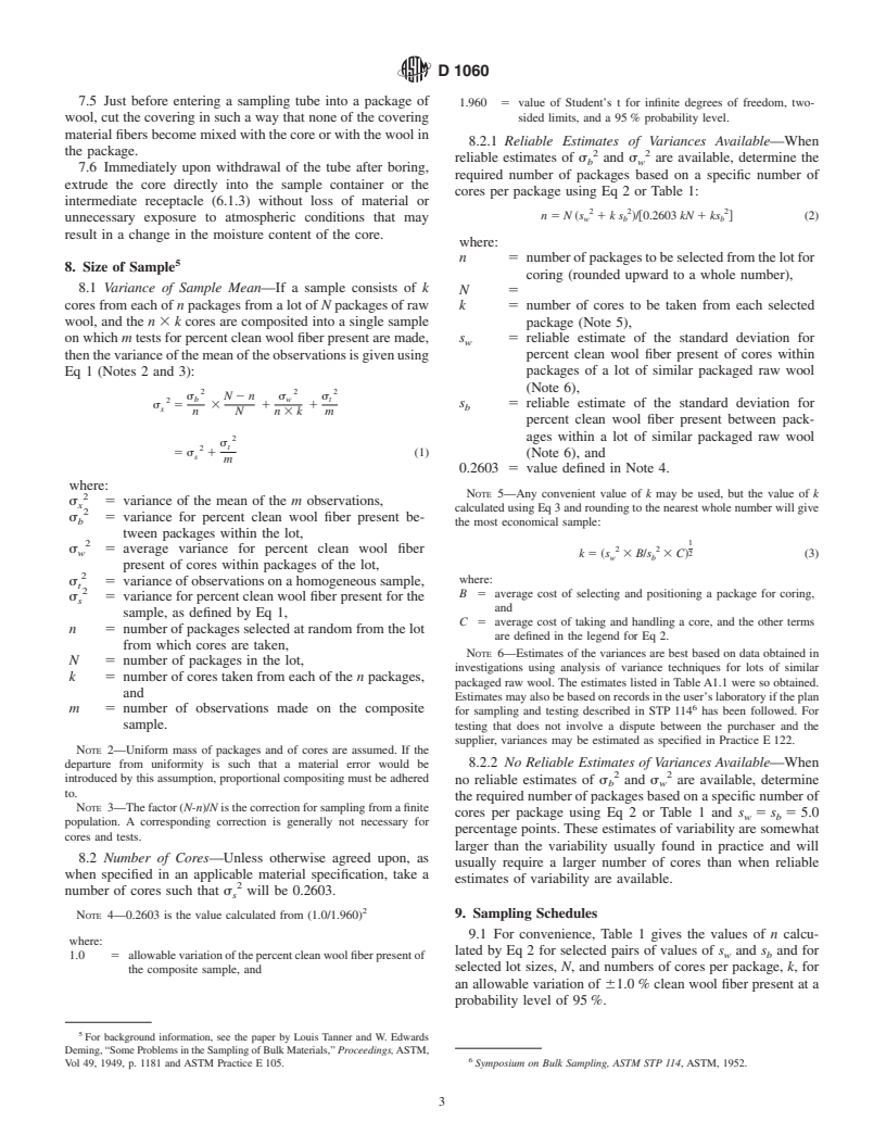 ASTM D1060-96 - Standard Practice for Core Sampling of Raw Wool in Packages for Determination of Percentage of Clean Wool Fiber Present