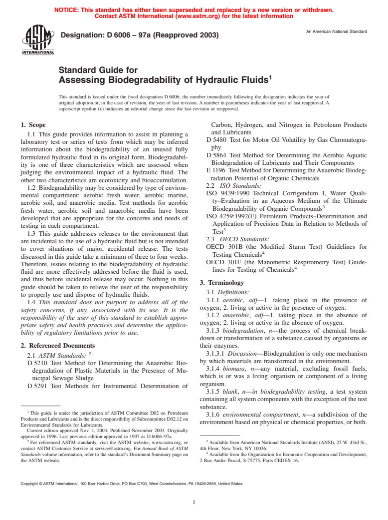 ASTM D6006-97a(2003) - Standard Guide for Assessing Biodegradability of Hydraulic Fluids