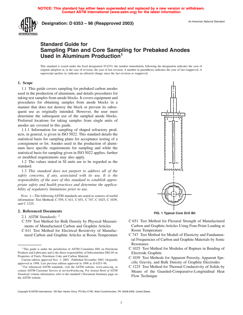 ASTM D6353-98(2003) - Standard Guide for Sampling Plan and Core Sampling for Prebaked Anodes Used in Aluminum Production