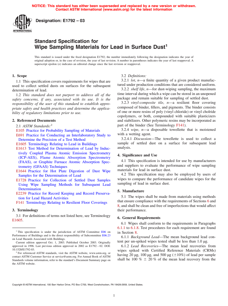 ASTM E1792-03 - Standard Specification for Wipe Sampling Materials for Lead in Surface Dust