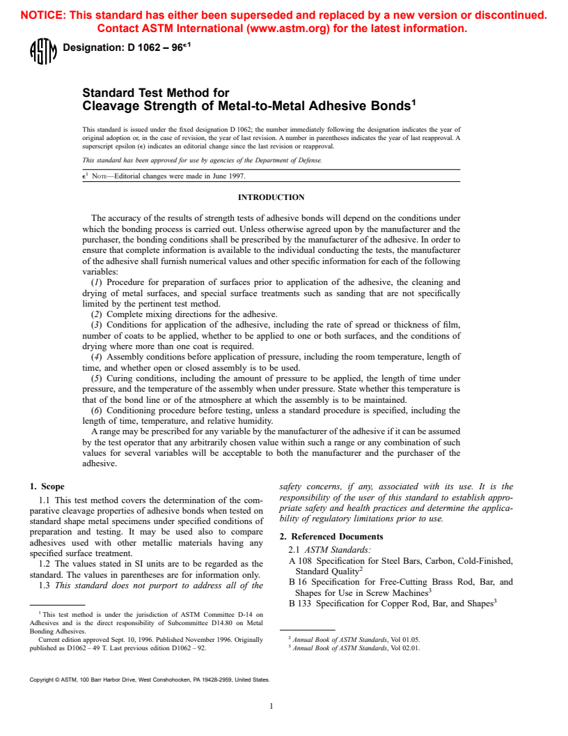 ASTM D1062-96e1 - Standard Test Method for Cleavage Strength of Metal-to-Metal Adhesive Bonds