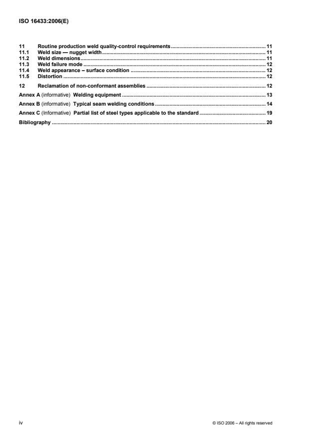 ISO 16433:2006 ISO 16433:2006 - Resistance welding -- Procedure for seam welding of uncoated and coated low carbon steels - Page 4 preview