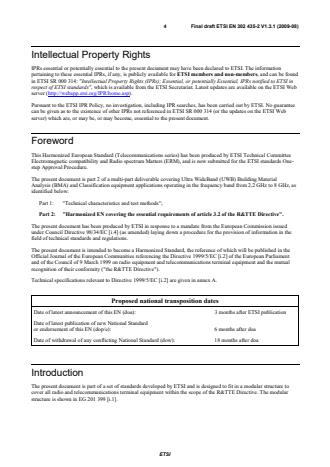 SIST EN 302 435-2 V1.3.1:2010 ETSI EN 302 435-2 V1.3.1 (2009-08) - Electromagnetic compatibility and Radio spectrum Matters (ERM); Short Range Devices (SRD); Technical characteristics for SRD equipment using Ultra WideBand technology (UWB); Building Material Analysis and Classification equipment applications operating in the frequency band from 2,2 GHz to 8,5 GHz; Part 2: Harmonized EN covering the essential requirements of article 3.2 of the R&TTE Directive - Page 4 preview