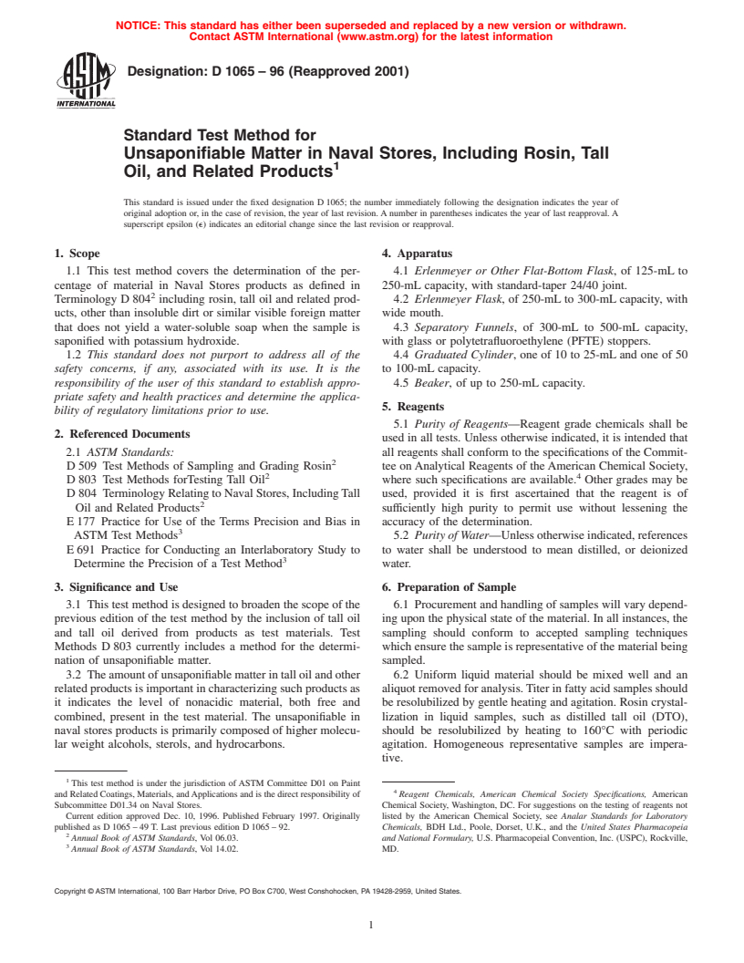 ASTM D1065-96(2001) - Standard Test Method for Unsaponifiable Matter in Naval Stores, Including Rosin, Tall Oil, and Related Products