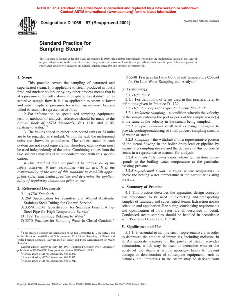 ASTM D1066-97(2001) - Standard Practice for Sampling Steam