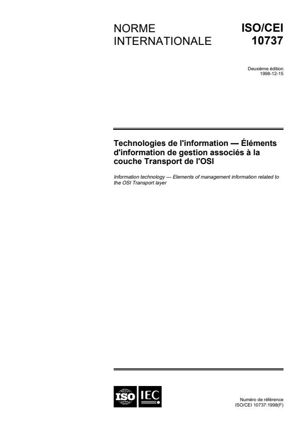 ISO/IEC 10737:1998 - Technologies de l'information -- Éléments d'information de gestion associés a la couche Transport de l'ISO