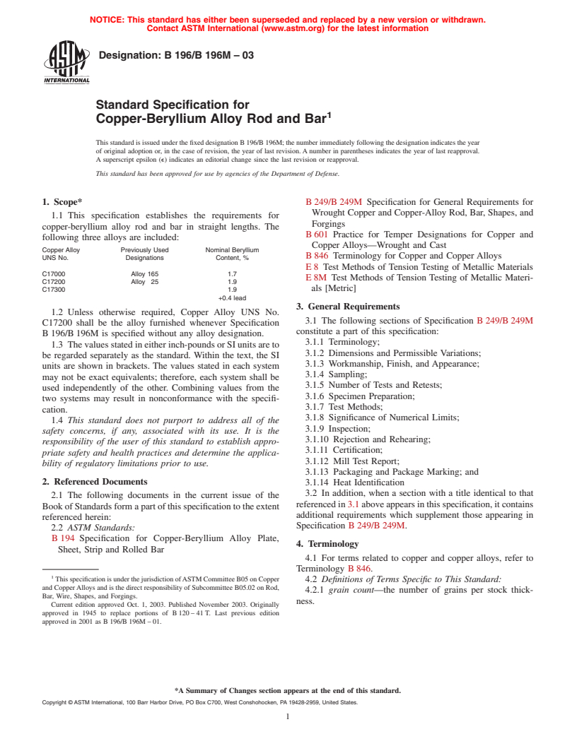 ASTM B196/B196M-03 - Standard Specification for Copper-Beryllium Alloy Rod and Bar