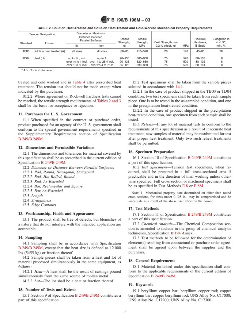 ASTM B196/B196M-03 - Standard Specification for Copper-Beryllium Alloy Rod and Bar