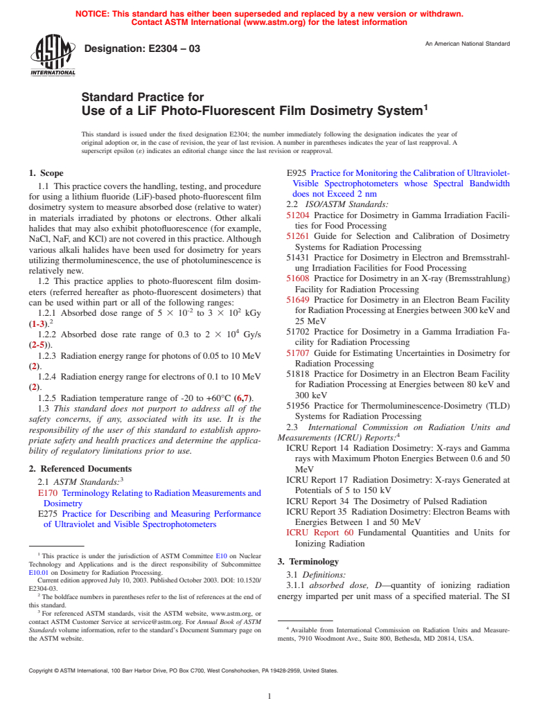 ASTM E2304-03 - Standard Practice for Use of a Lif Photo-Fluorescent Film Dosimetry System