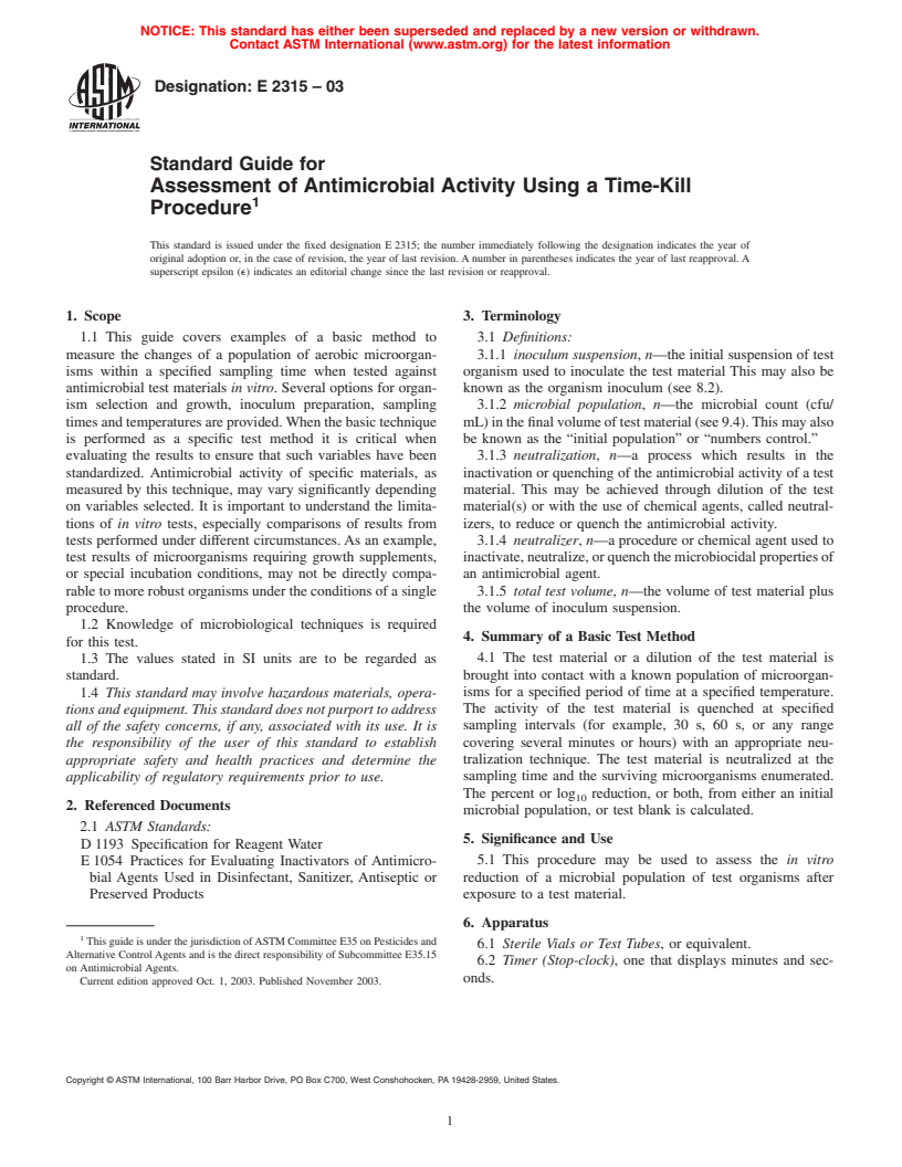 ASTM E2315-03 - Standard Guide for Assessment of Antimicrobial Activity Using a Time-Kill Procedure