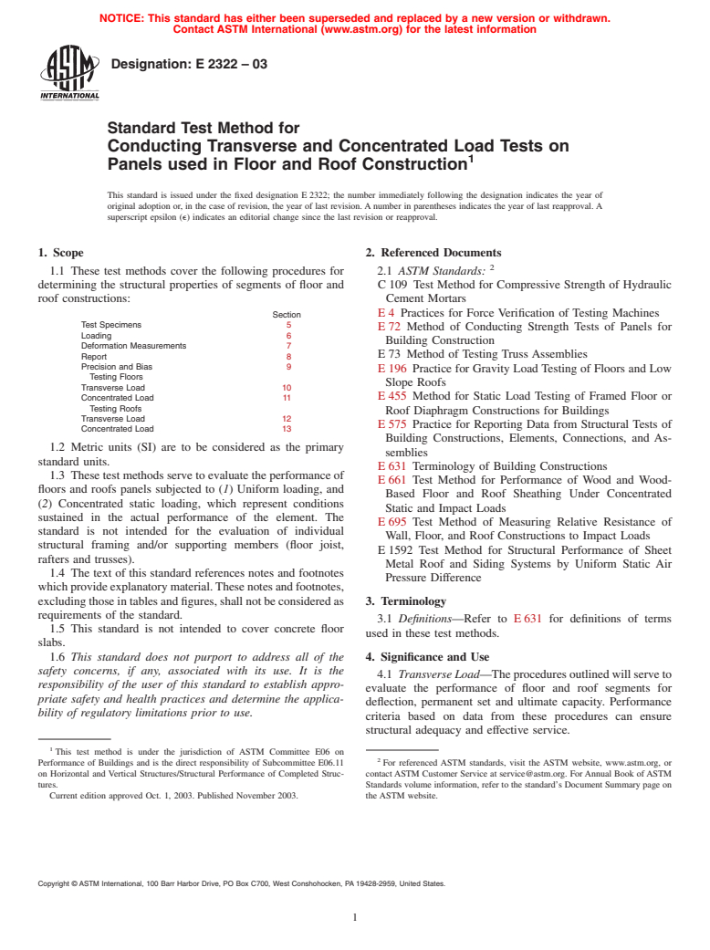 ASTM E2322-03 - Standard Test Method for Conducting Traverse and Concentrated Load Tests on Panels used in Floor and Roof Construction