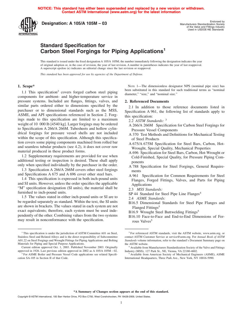 ASTM A105/A105M-03 - Standard Specification for Carbon Steel Forgings for Piping Applications