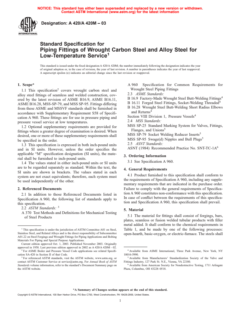 ASTM A420/A420M-03 - Standard Specification for Piping Fittings of Wrought Carbon Steel and Alloy Steel for Low-Temperature Service