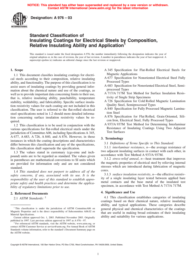 ASTM A976-03 - Standard Classification of Insulating Coatings by Composition, Relative Insulating Ability and Application