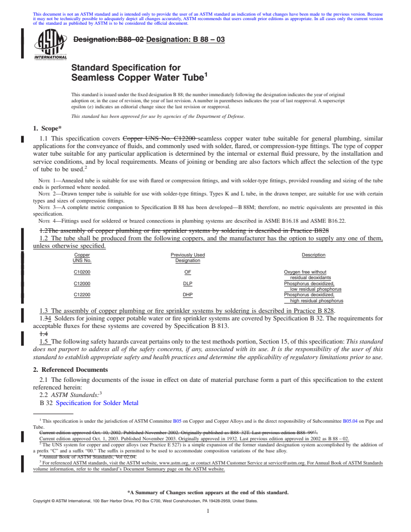 REDLINE ASTM B88-03 - Standard Specification for Seamless Copper Water Tube