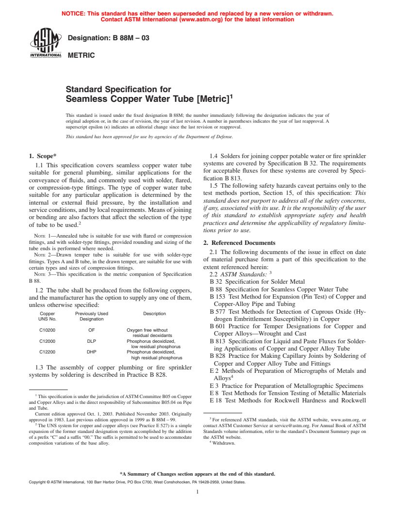 ASTM B88M-03 - Standard Specification for Seamless Copper Water Tube [Metric]