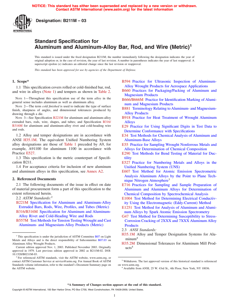 ASTM B211M-03 - Standard Specification for Aluminum and Aluminum-Alloy Bar, Rod, and Wire [Metric]