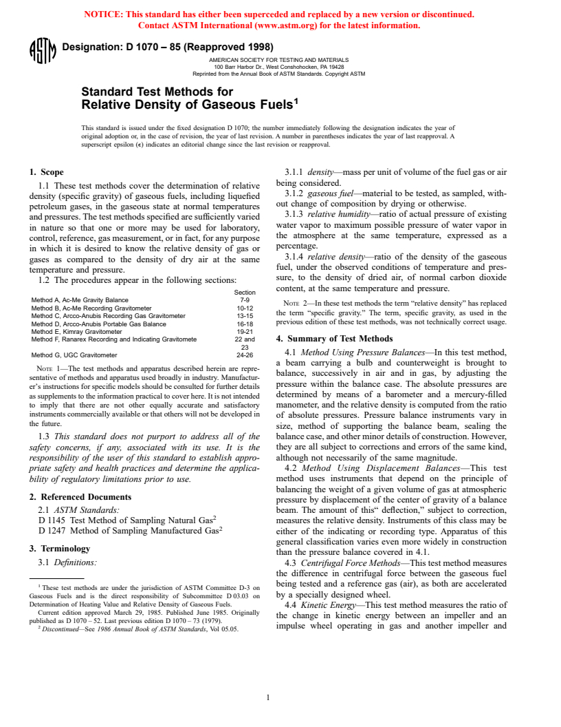 ASTM D1070-85(1998) - Standard Test Methods for Relative Density of Gaseous Fuels