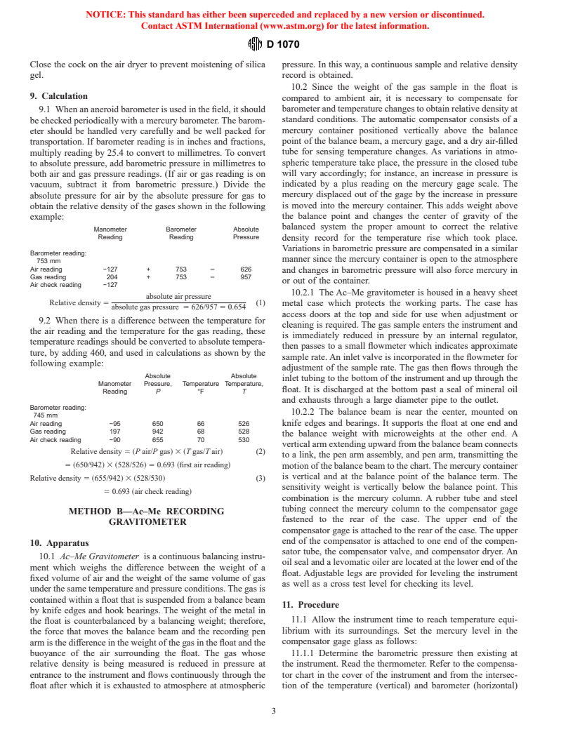 ASTM D1070-85(1998) - Standard Test Methods for Relative Density of Gaseous Fuels