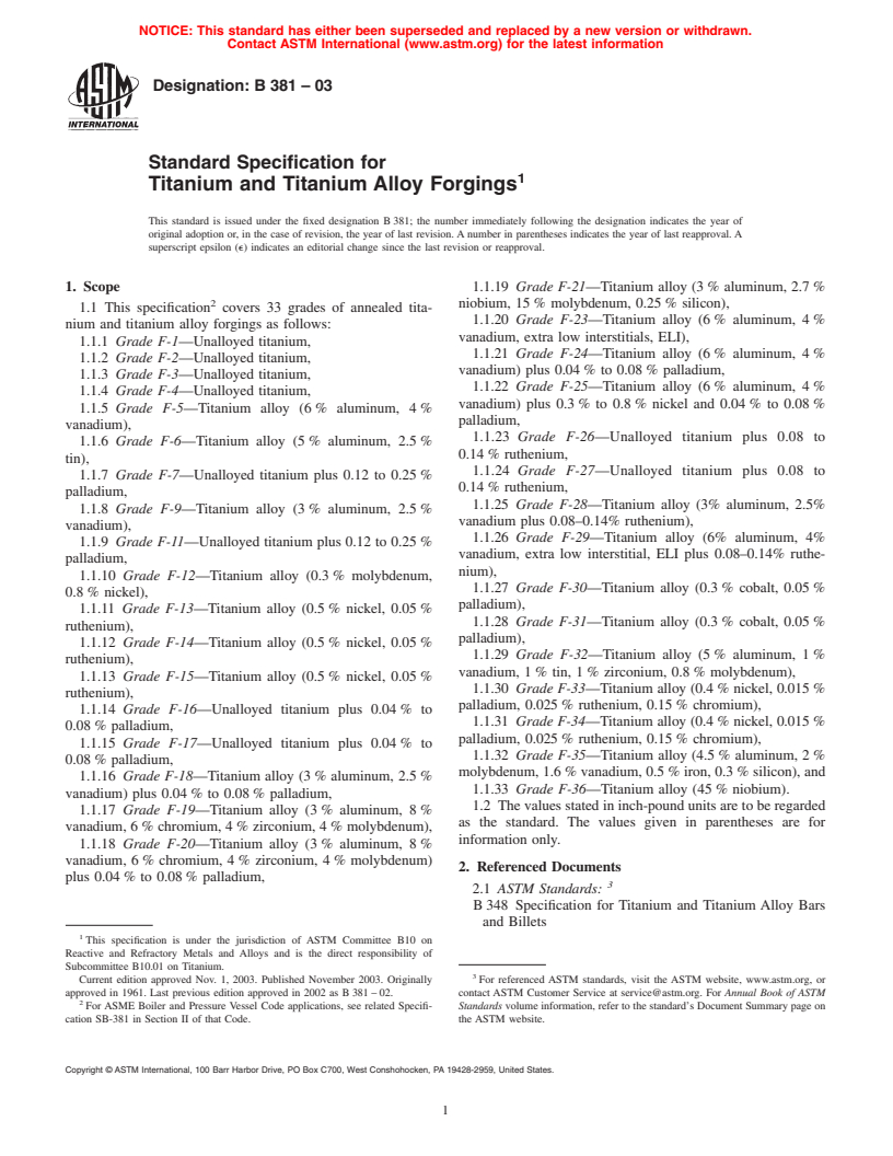 ASTM B381-03 - Standard Specification for Titanium and Titanium Alloy Forgings