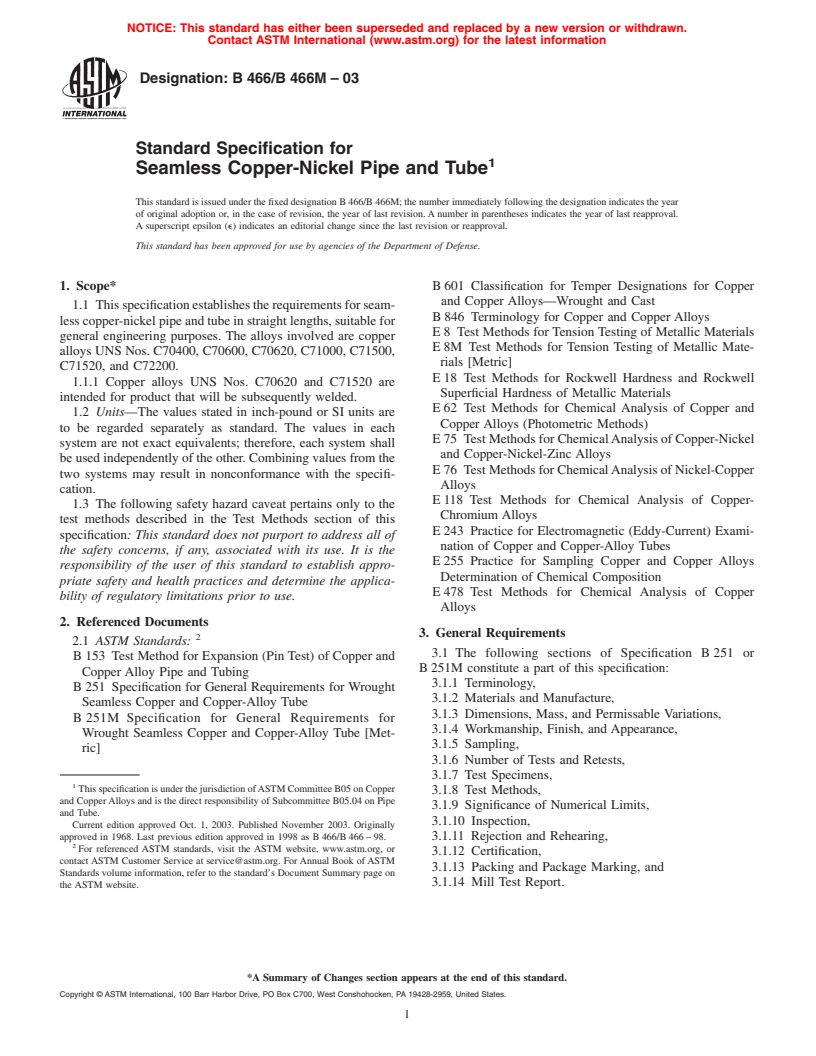 ASTM B466/B466M-03 - Standard Specification for Seamless Copper-Nickel Pipe and Tube
