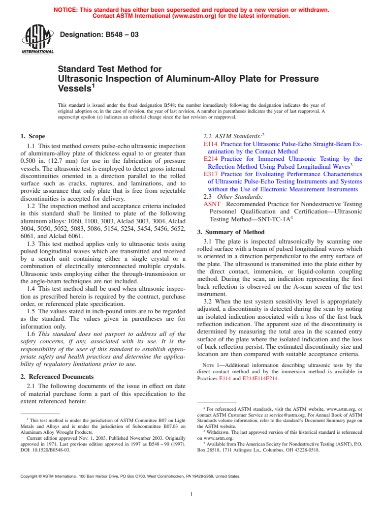 ASTM B548-03 - Standard Test Method for Ultrasonic Inspection of Aluminum-Alloy Plate for Pressure Vessels