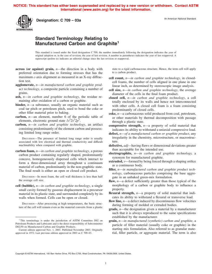 ASTM C709-03a - Standard Terminology Relating to Manufactured Carbon and Graphite