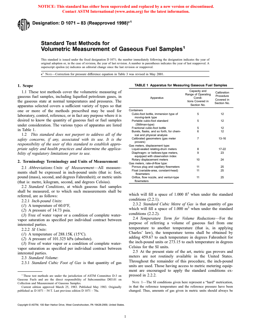 ASTM D1071-83(1998)e1 - Standard Test Methods for Volumetric Measurement of Gaseous Fuel Samples