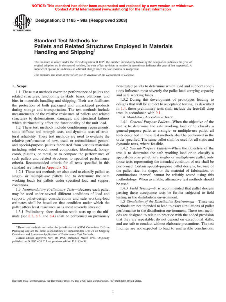 ASTM D1185-98a(2003) - Standard Test Methods for Pallets and Related Structures Employed in Materials Handling and Shipping
