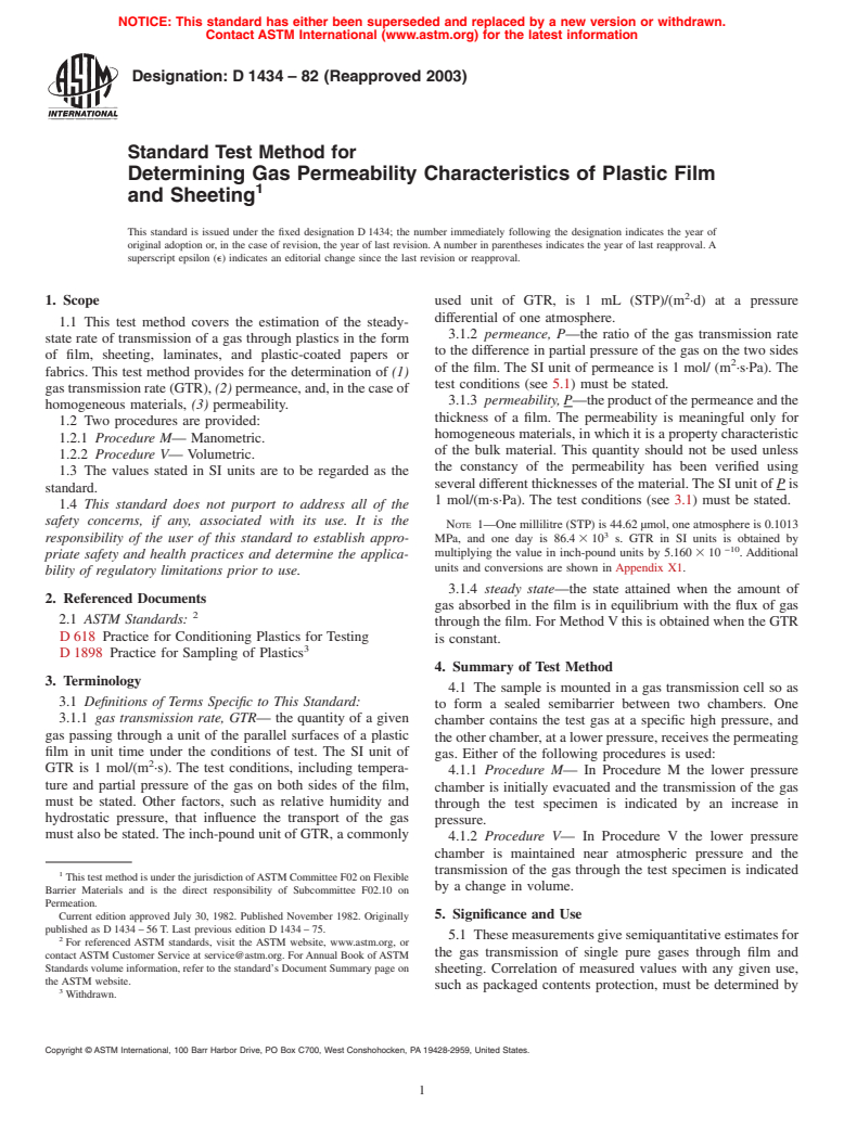 ASTM D1434-82(2003) - Standard Test Method for Determining Gas Permeability Characteristics of Plastic Film and Sheeting