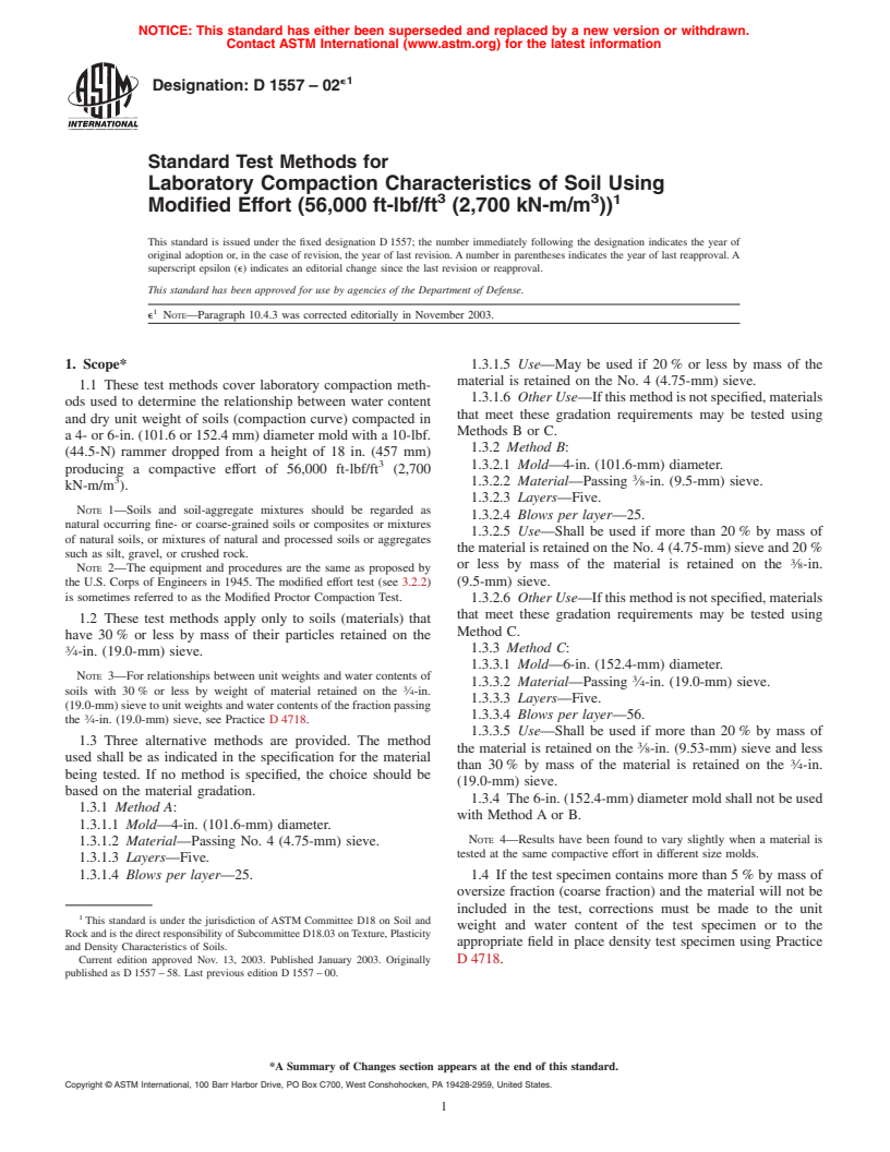 ASTM D1557-02e1 - Standard Test Methods for Laboratory Compaction Characteristics of Soil Using Modified Effort (56,000 ft-lbf/ft<sup>3</sup>(2,700 kN-m/m<sup>3</sup>))