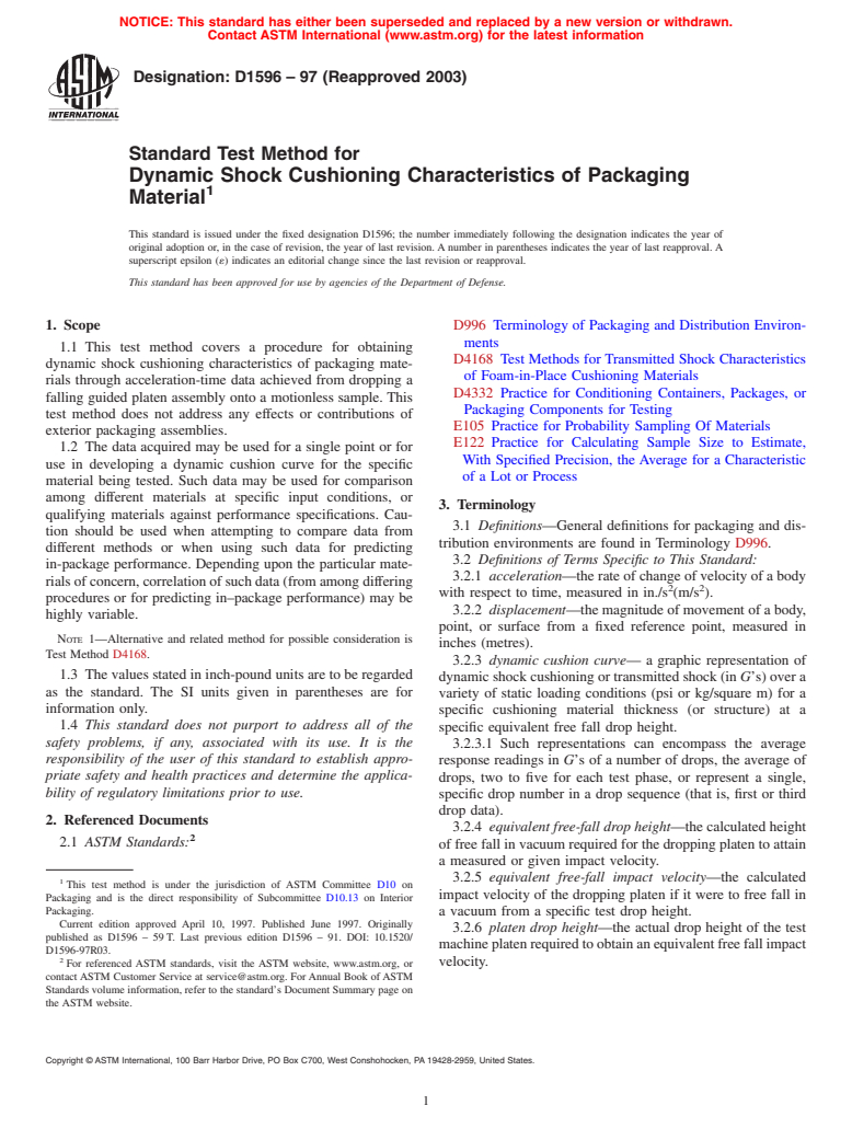 ASTM D1596-97(2003) - Standard Test Method for Dynamic Shock Cushioning Characteristics of Packaging Material