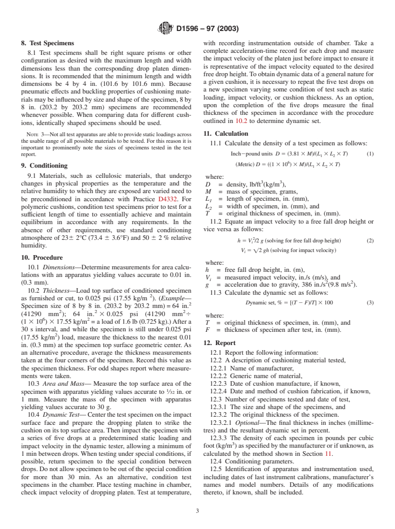 ASTM D1596-97(2003) - Standard Test Method for Dynamic Shock Cushioning Characteristics of Packaging Material