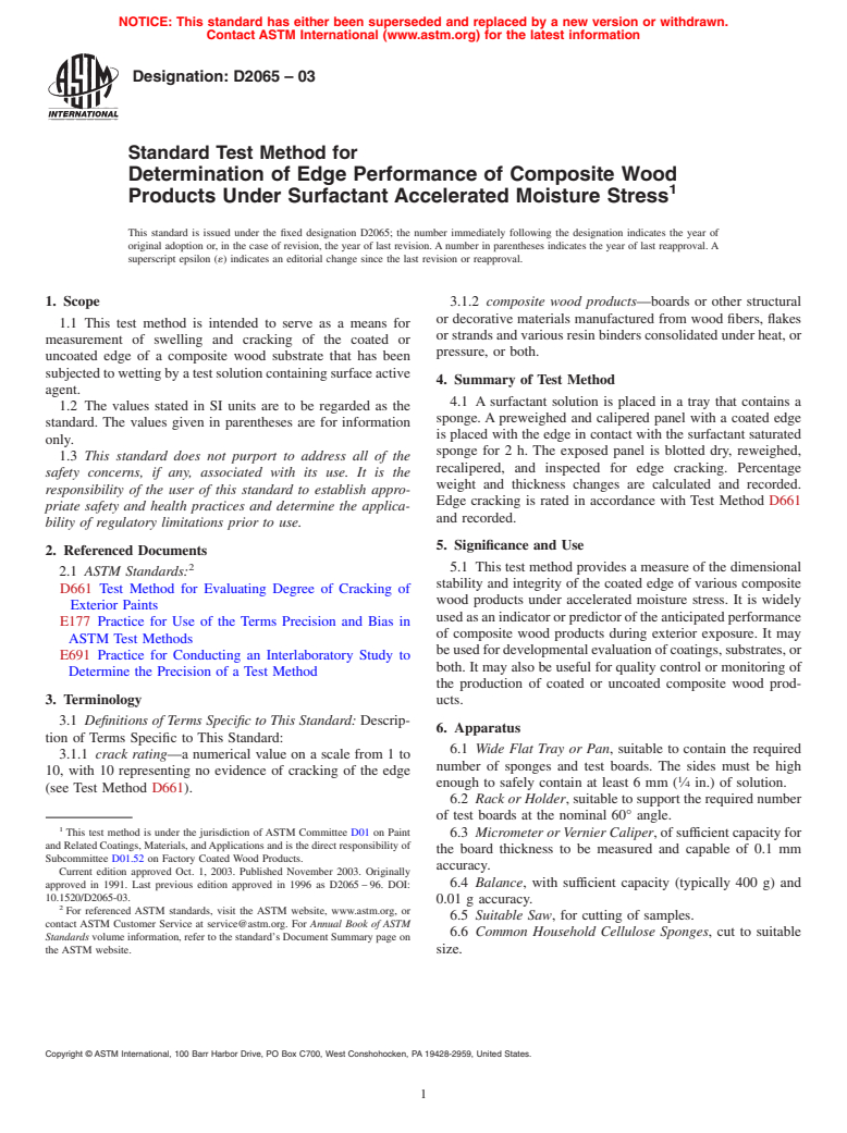 ASTM D2065-03 - Standard Test Method for Determination of Edge Performance of Composite Wood Products Under Surfactant Accelerated Moisture Stress