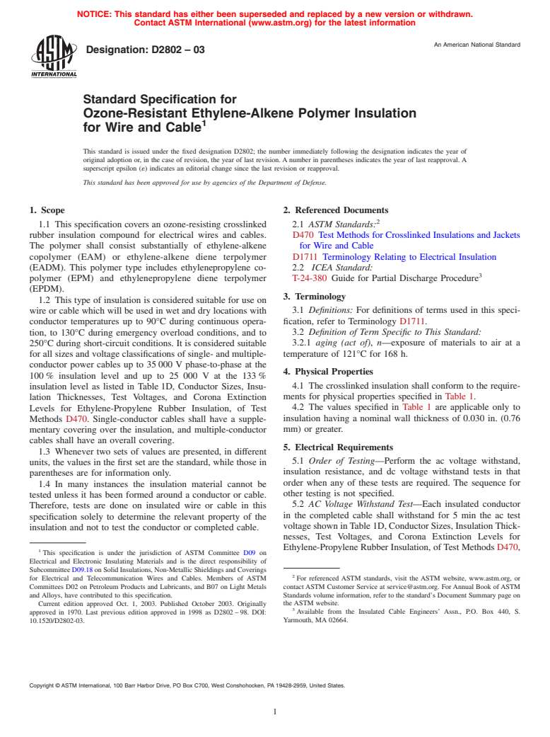 ASTM D2802-03 - Standard Specification for Ozone-Resistant Ethylene-Alkene Polymer Insulation for Wire and Cable