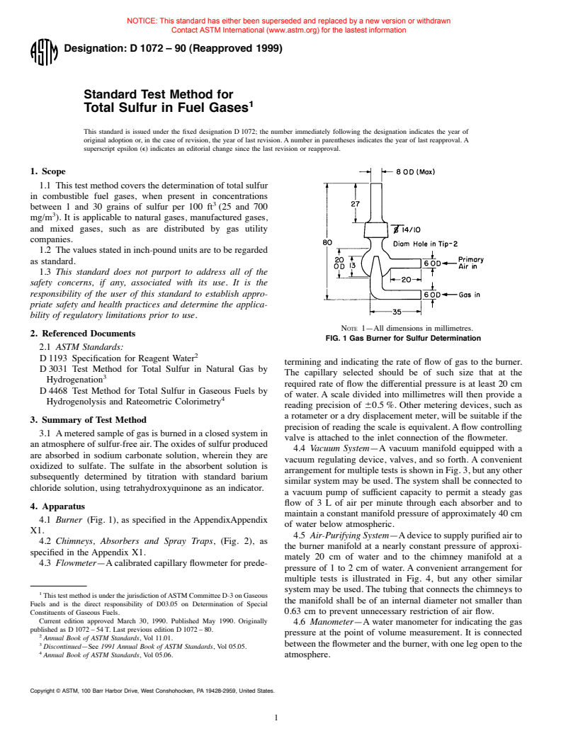 ASTM D1072-90(1999) - Standard Test Method for Total Sulfur in Fuel Gases