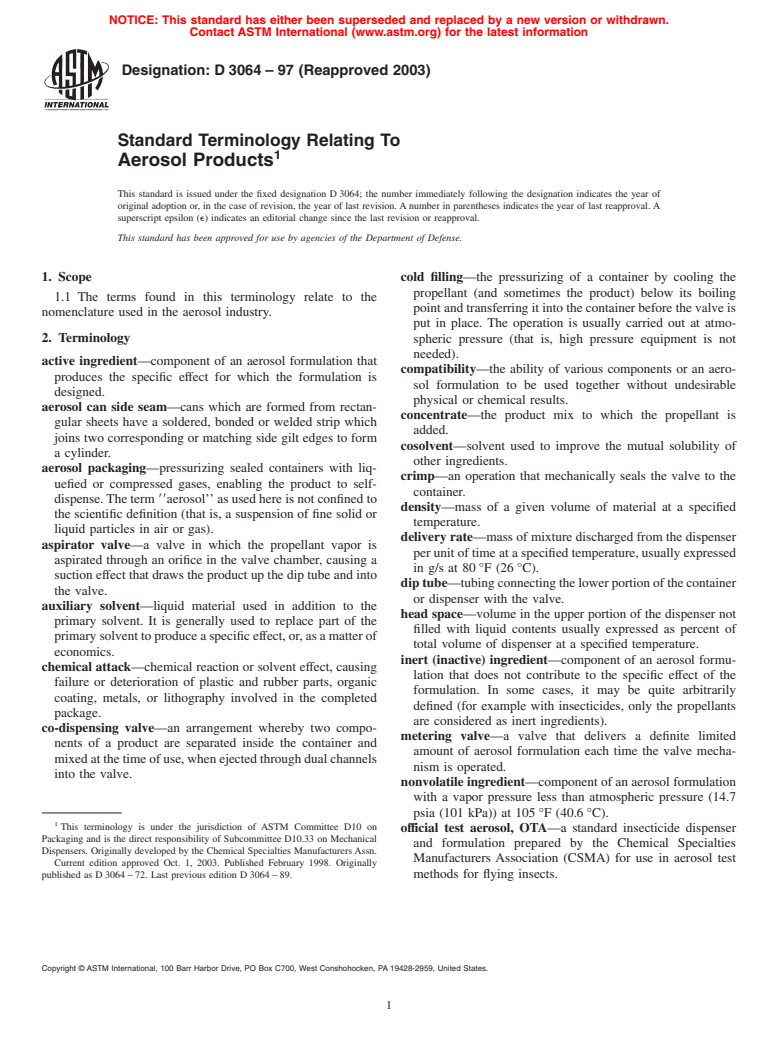 ASTM D3064-97(2003) - Terminology Relating to Aerosol Products