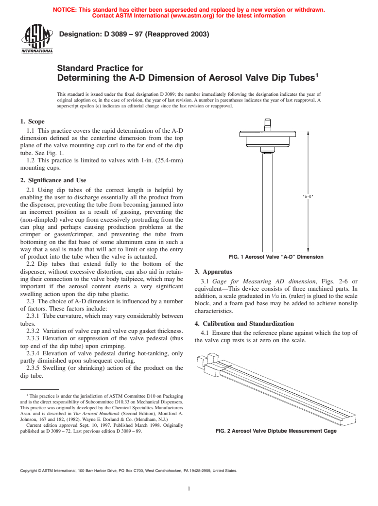 ASTM D3089-97(2003) - Standard Practice for Determining the A-D Dimension of Aerosol Valve Dip Tubes