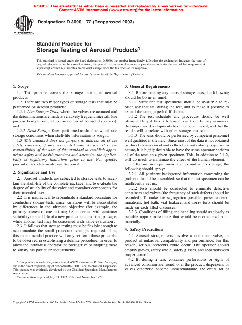 ASTM D3090-72(2003) - Standard Practice for Storage Testing of Aerosol Products