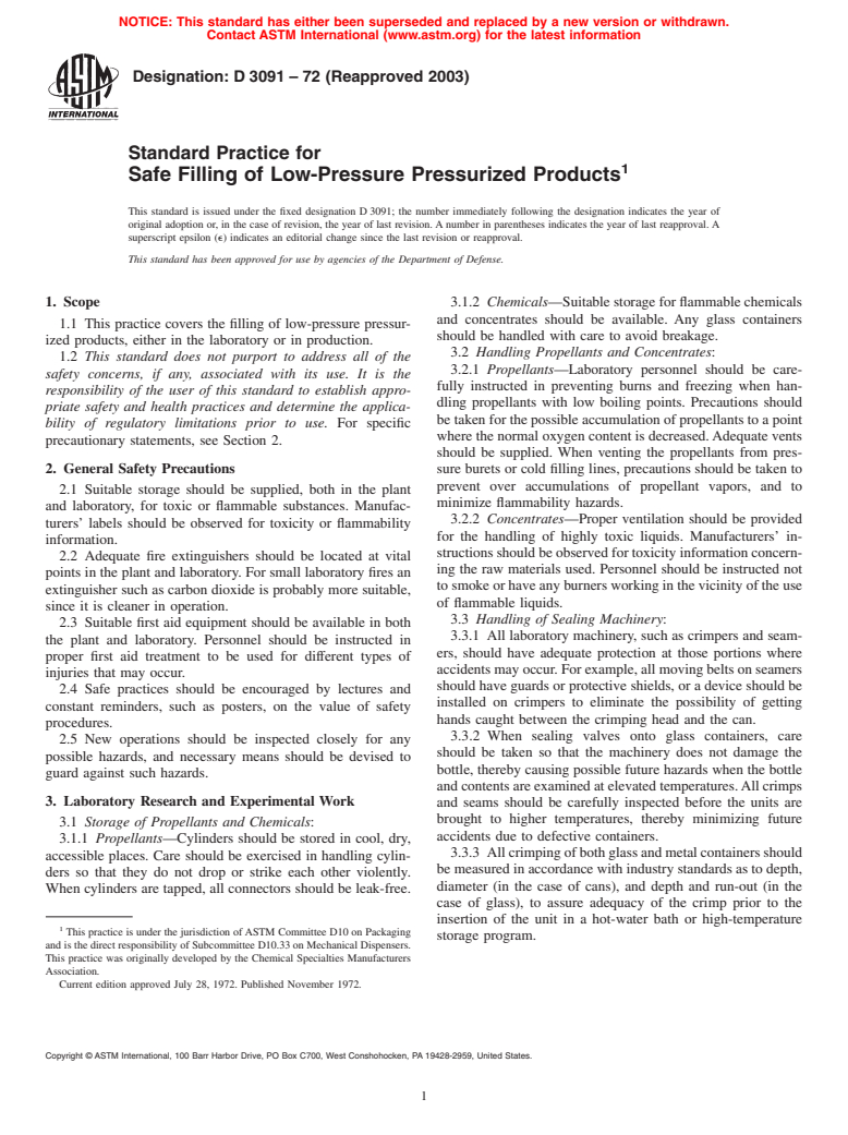 ASTM D3091-72(2003) - Standard Practice for Safe Filling of Low-Pressure Pressurized Products