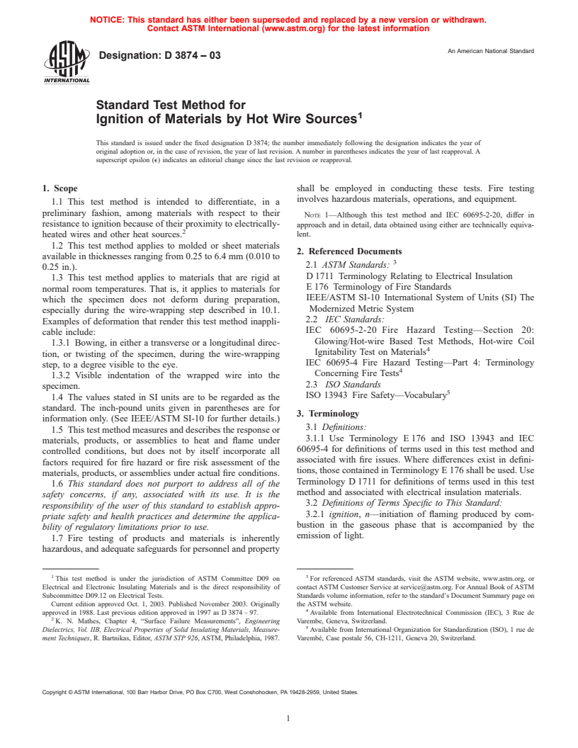 ASTM D3874-03 - Standard Test Method for Ignition of Materials by Hot Wire Sources