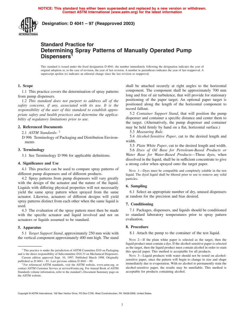 ASTM D4041-97(2003) - Standard Test Method for Determining Spray Patterns of Manually Operated Pump Dispensers