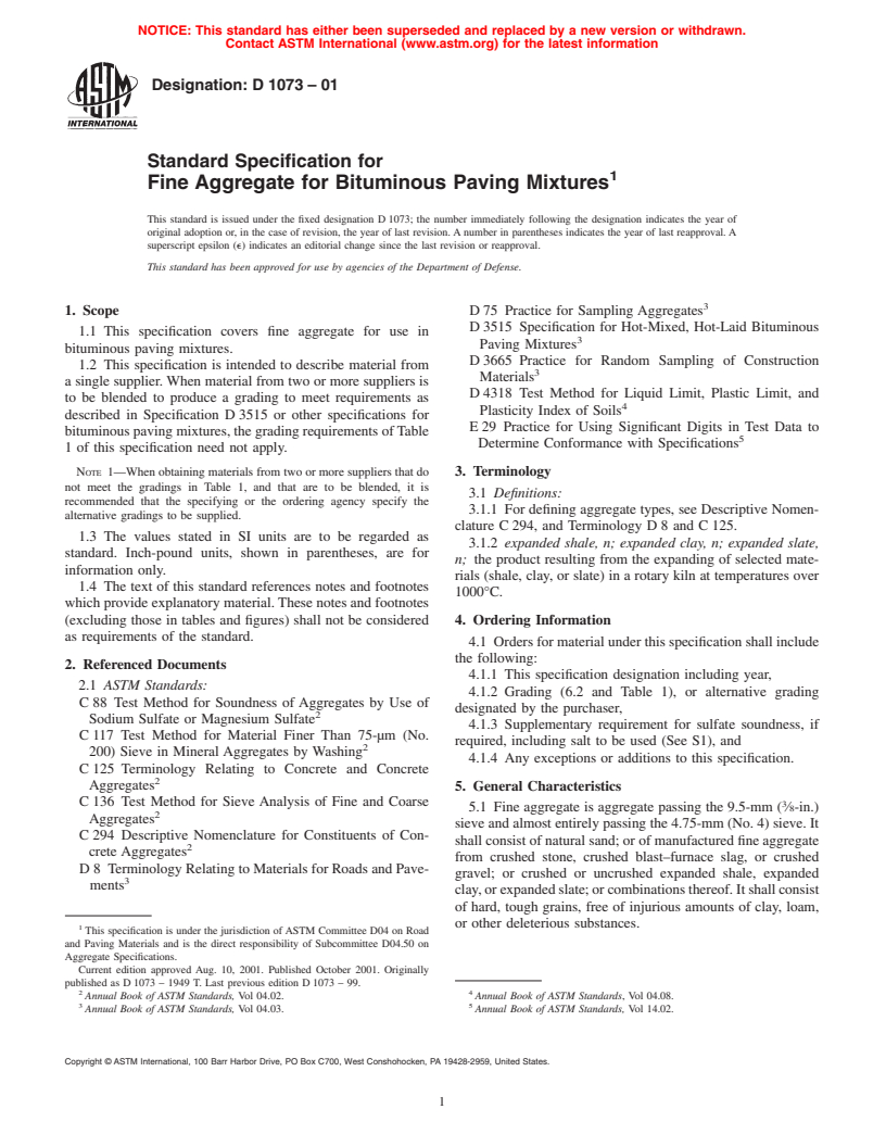 ASTM D1073-01 - Standard Specification for Fine Aggregate for Bituminous Paving Mixtures