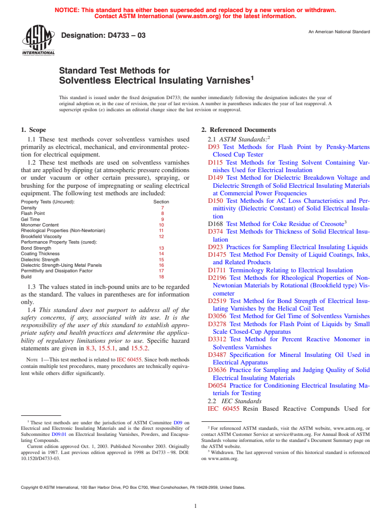 ASTM D4733-03 - Standard Test Methods for Solventless Electrical Insulating Varnishes