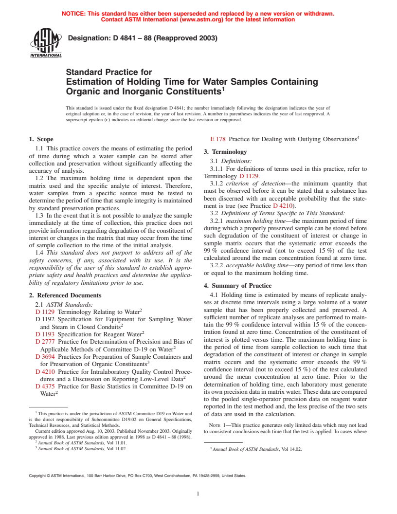 ASTM D4841-88(2003) - Standard Practice for Estimation of Holding Time for Water Samples Containing Organic and Inorganic Constituents