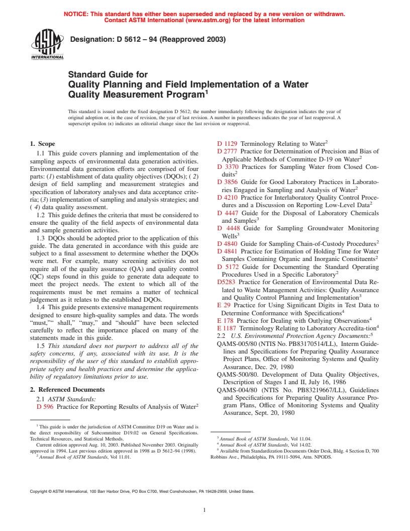 ASTM D5612-94(2003) - Standard Guide for Quality Planning and Field Implementation of a Water Quality Measurement Program