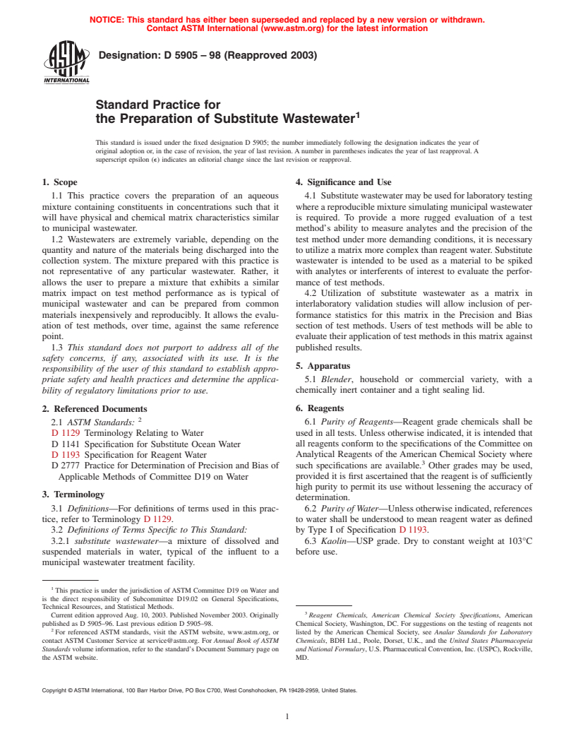 ASTM D5905-98(2003) - Standard Practice for the Preparation of Substitute Wastewater